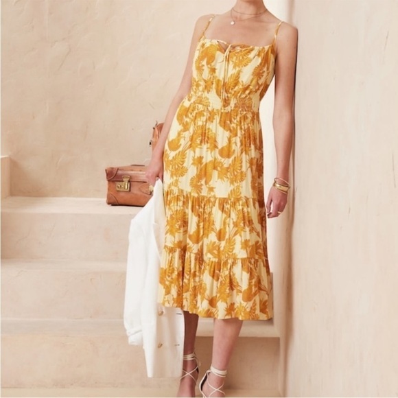 NWT Banana Republic Dress Midi Tiered Gauze Golden Rays Smock Tropical Flowy - Picture 1 of 13